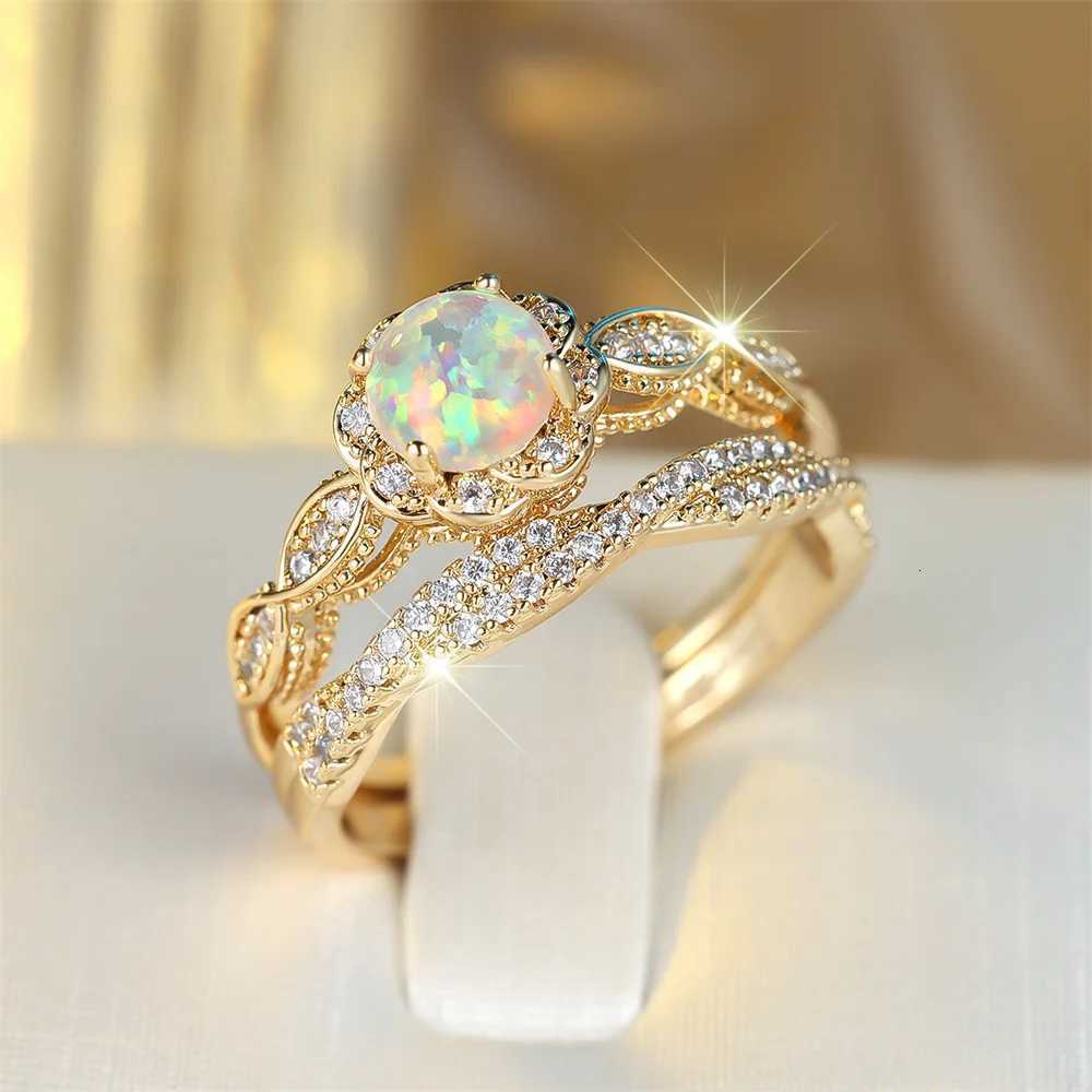 White Fire Opal Round Stone Ring Sets For Women Vintage Gold Color Engagement Rings Set Wedding Jewelry Bridal Versatile GiftsXJ251031