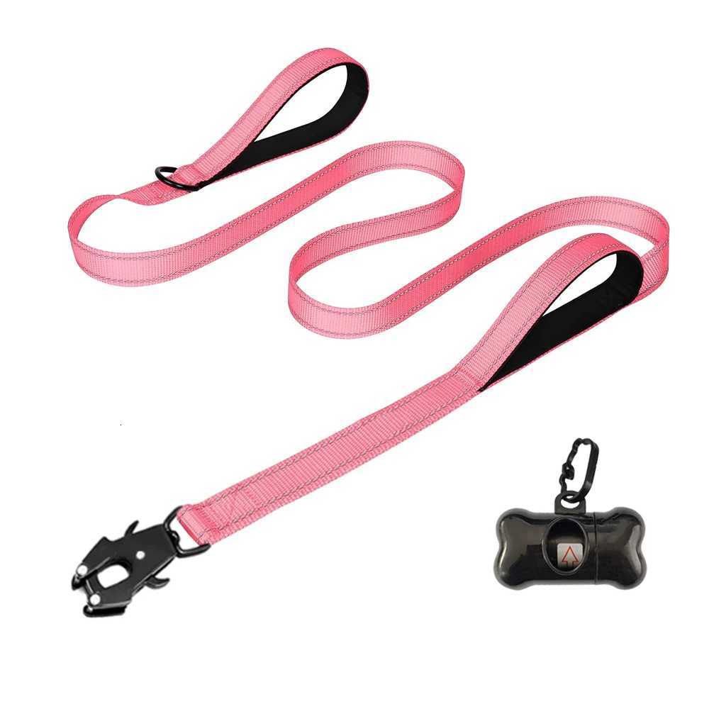 Heavy Duty Dog Leash Nylon reflective with Soft Padded 2 Handle Auto Lock Frog Clip Outdoor dog leash With a dog poop bag C251031