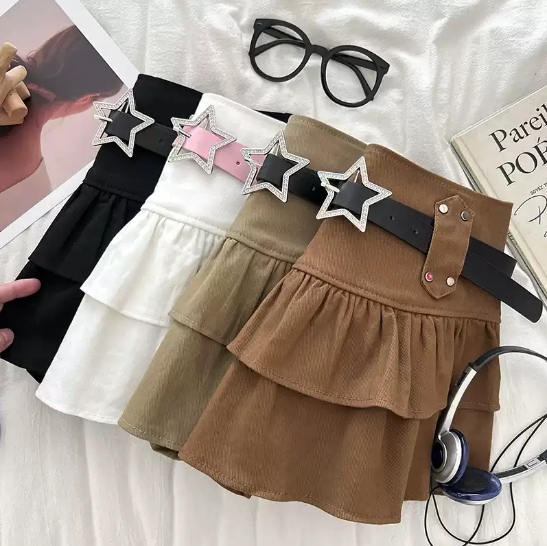 Women's Double-Layer Mini Skirt with Star Belt, High-Waisted Short Skirt, Slimming & Heightening, Y2K Style Ruffled Skirt for Women-NO06