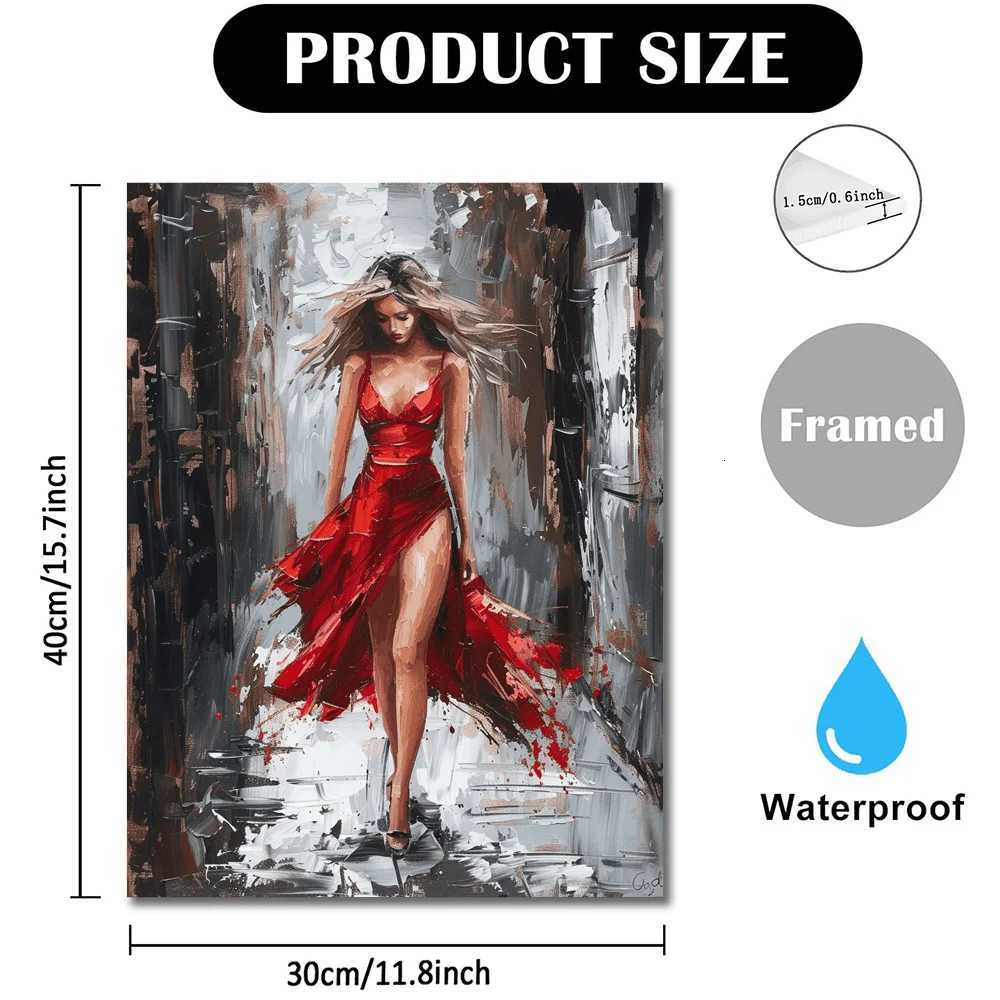 1pc Wooden Framed Canvas Oil Painting Elegant Woman in Red Dressroom or Wall Decor Office Artwork Vibrant Wall Art C251031