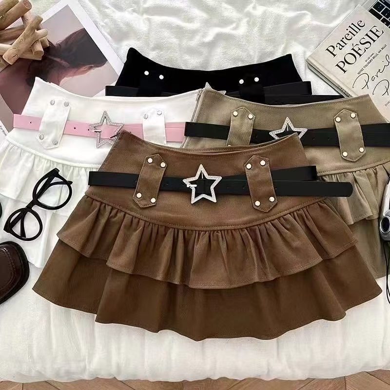 Women's Double-Layer Mini Skirt with Star Belt, High-Waisted Short Skirt, Slimming & Heightening, Y2K Style Ruffled Skirt for Women-NO06