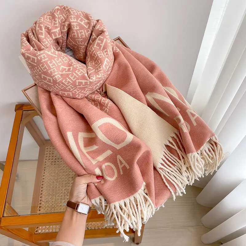 Acrylic Winter Warm Scarf for Women Thick Soft Faux Cashmere Shawl Warm Long Neck Wrap Letter Print Stylish Versatile Scarves C251031