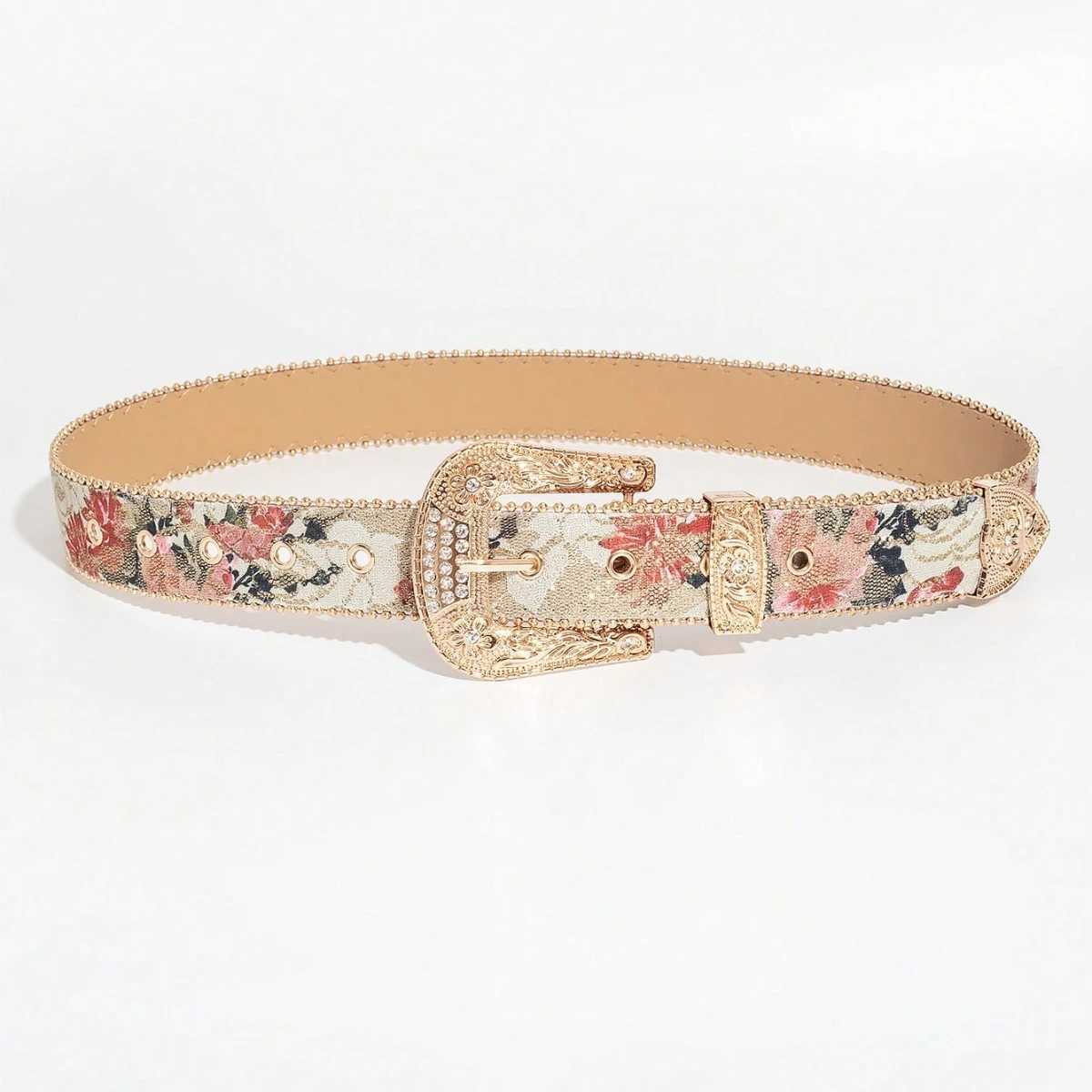 Womens Light Luxury and Elegant Carved Metal Buckle Multicolor Maple Leaf Glitter Print Beaded Edge Belt for JeansW251030