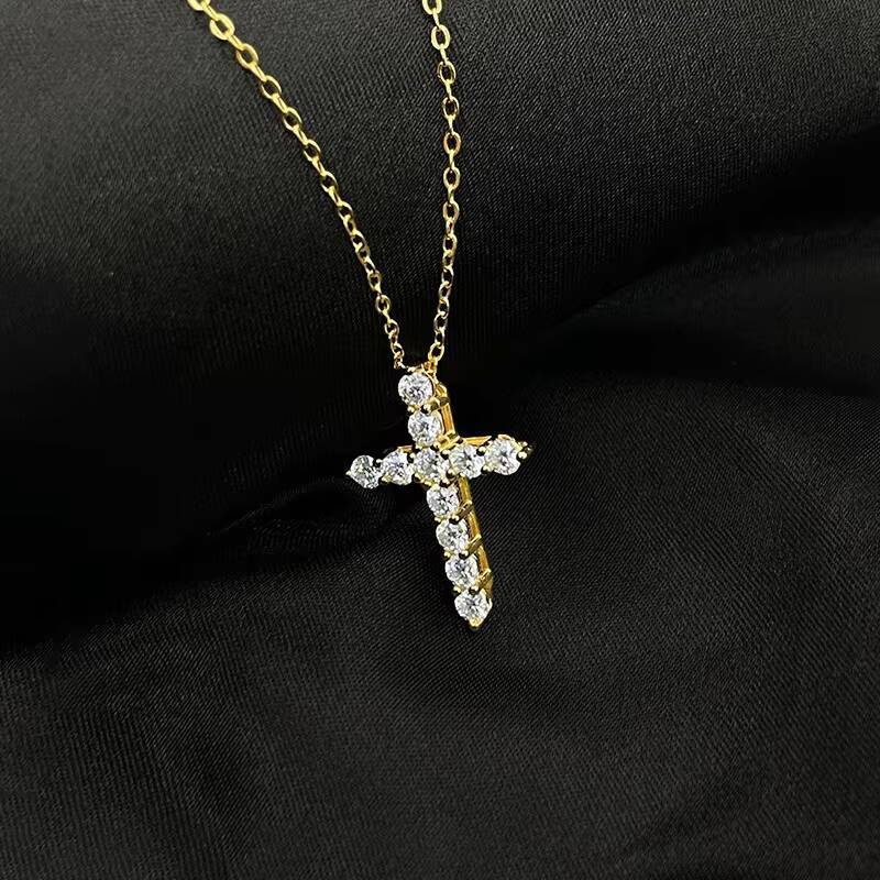 Womens 925 Sterling Silver Fine Moissanite Cross Pendant Necklace Small Orthodox Fashion Jewelry
