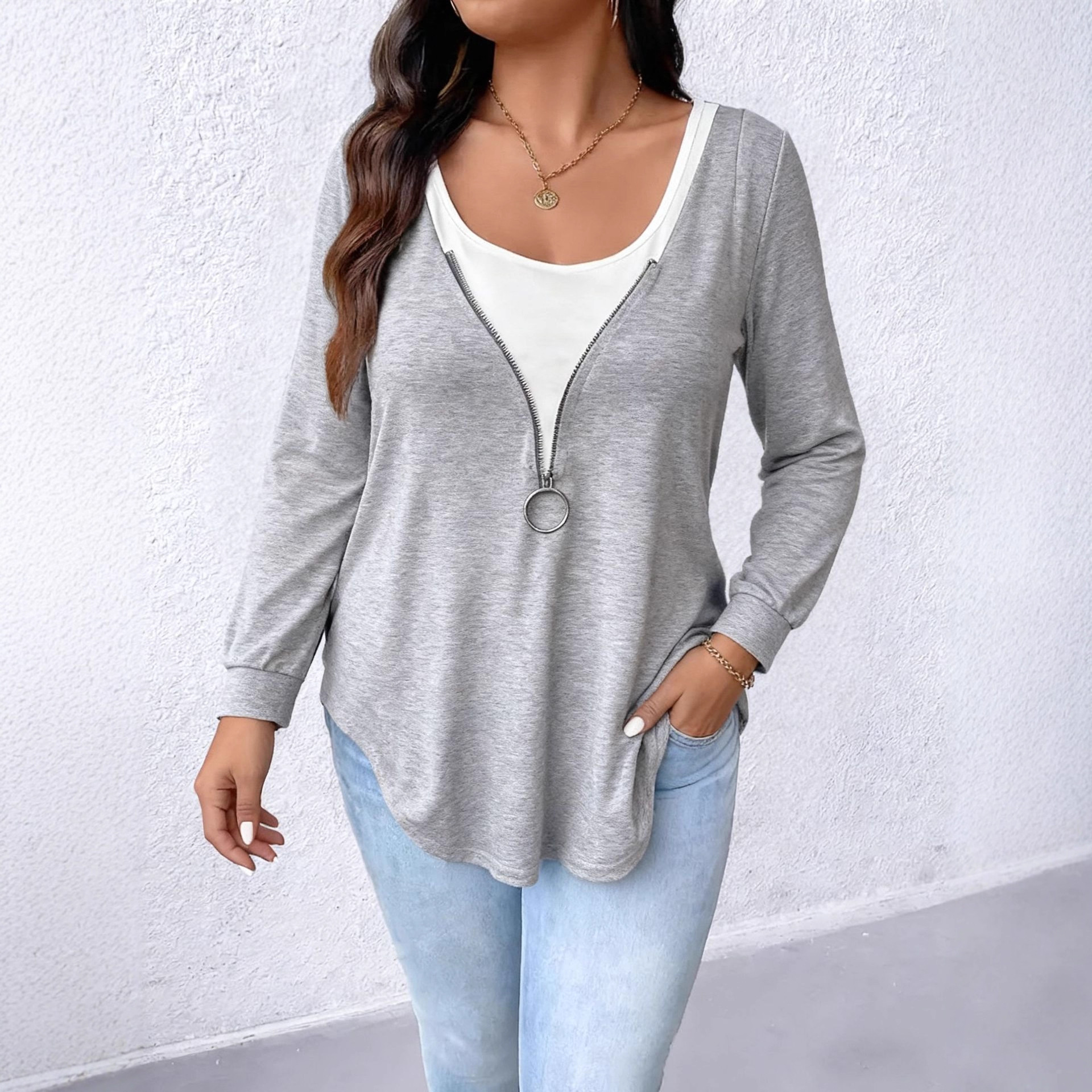 2025 autumn and winter designer loose plus size women's clothing, European and American casual versatile, external zipper, new fake two-piece lon