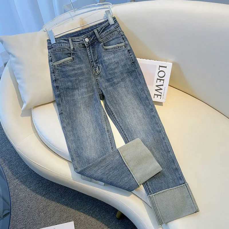 2025 Spring Autumn Womens Jeans High Waist Slim Fit Flipped Panel Elastic 9point Pipe Pants Female Denim Straight Trousers J251031