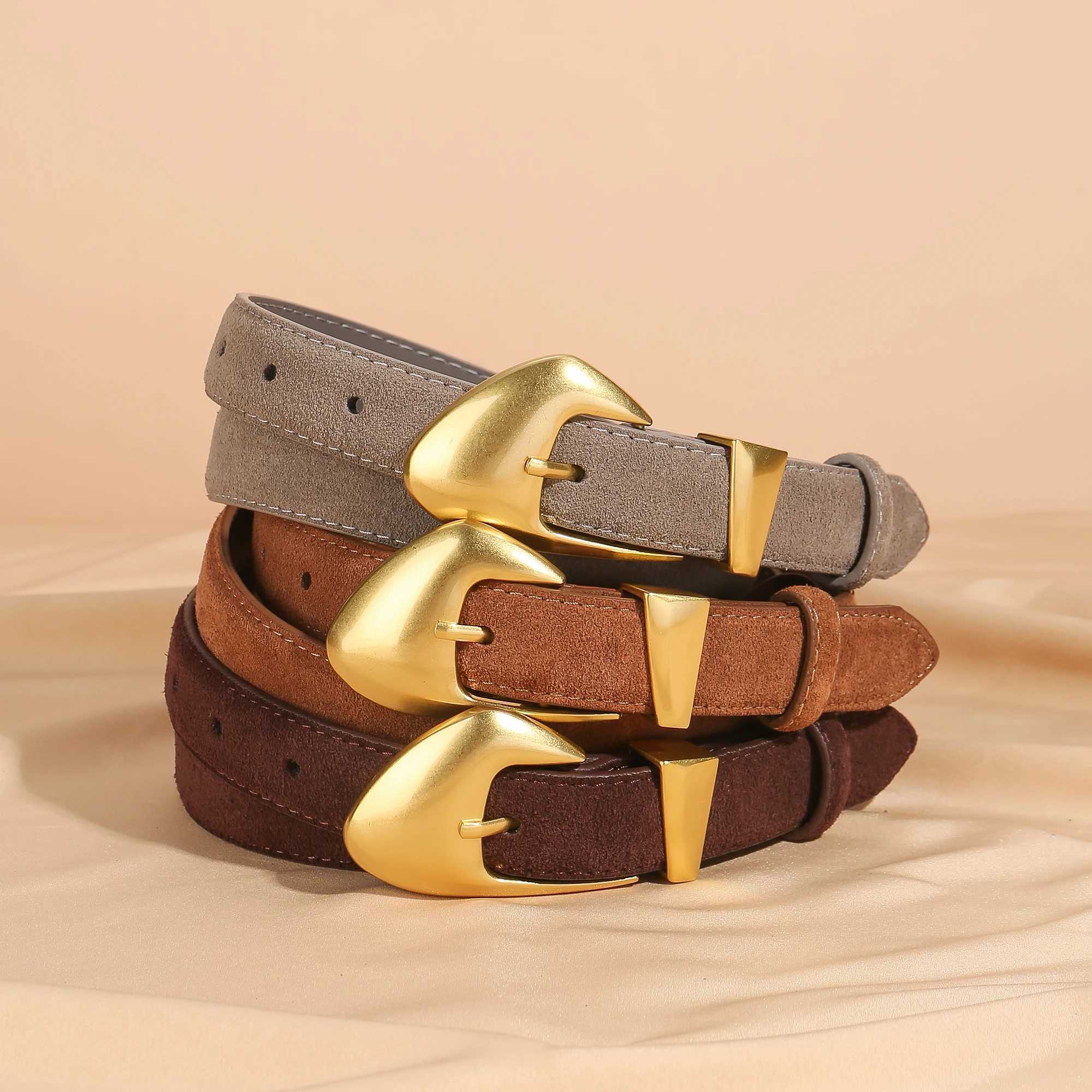 Luxury Suede Cowhide Leather Belt for Women Casual Fashion Belts with Gold Buckle 23cm Wide Waistband for Dresses JeansW251030
