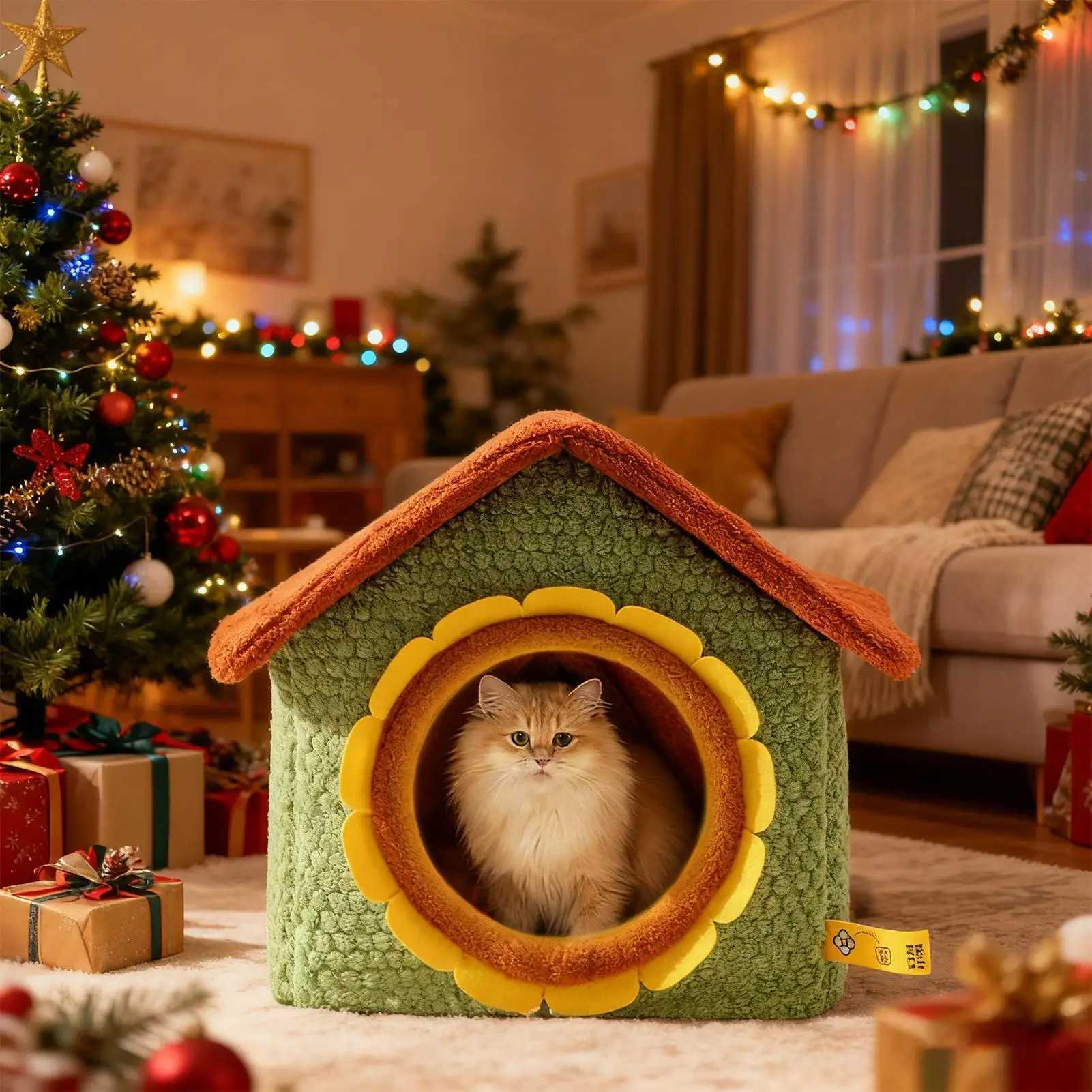 winter Sunflower warm cat bed Washable puppy bed enclosed cat house cave foldable detachable cats sleeping bed with door curtain J2511281