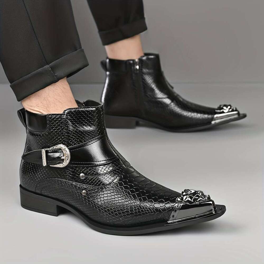 QRLQRL Men's Retro British Style Slip-On Ankle Boots With Metal Red Snakeskin-Like Chunky Heel Pointed Toe Short Boots, Rubber Sole For Parties,  - view 9