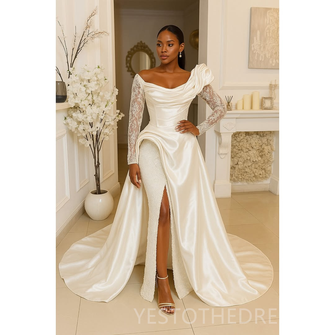 2025 Shiny Aso Ebi Prom Dress Mermaid Evening Dresses Scoop Neckline Sexy Side Split Beaded Lace Illusion Long Sleeves Birthday Dress Second Reception