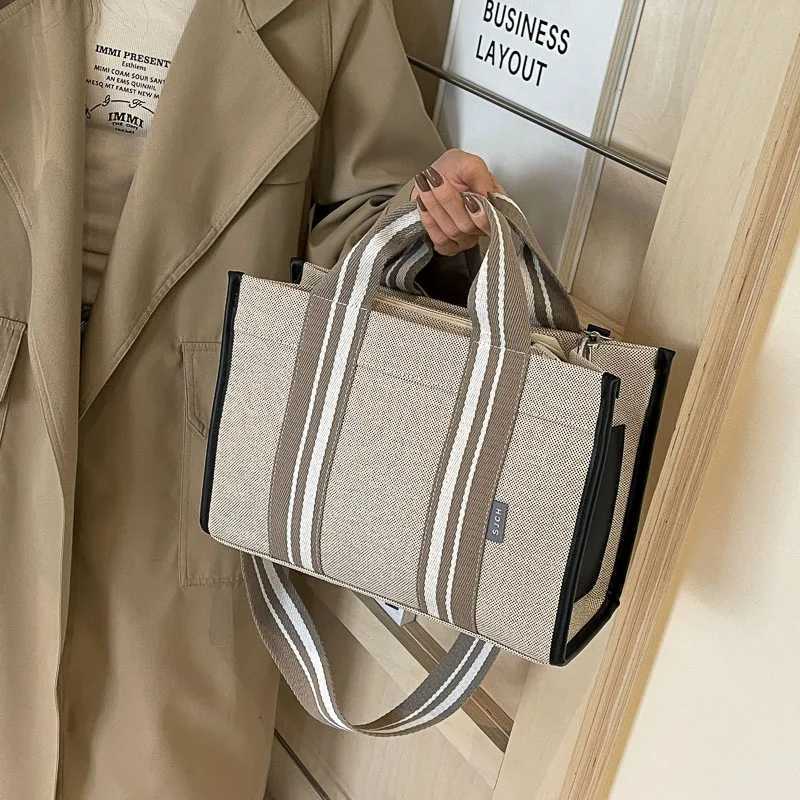 Linen Fabric Handbags For Women Quality Striped Large Capacity Shoulder Crossbody Bag 2024 Latest Plain Color Shopping Totes Bag W251031