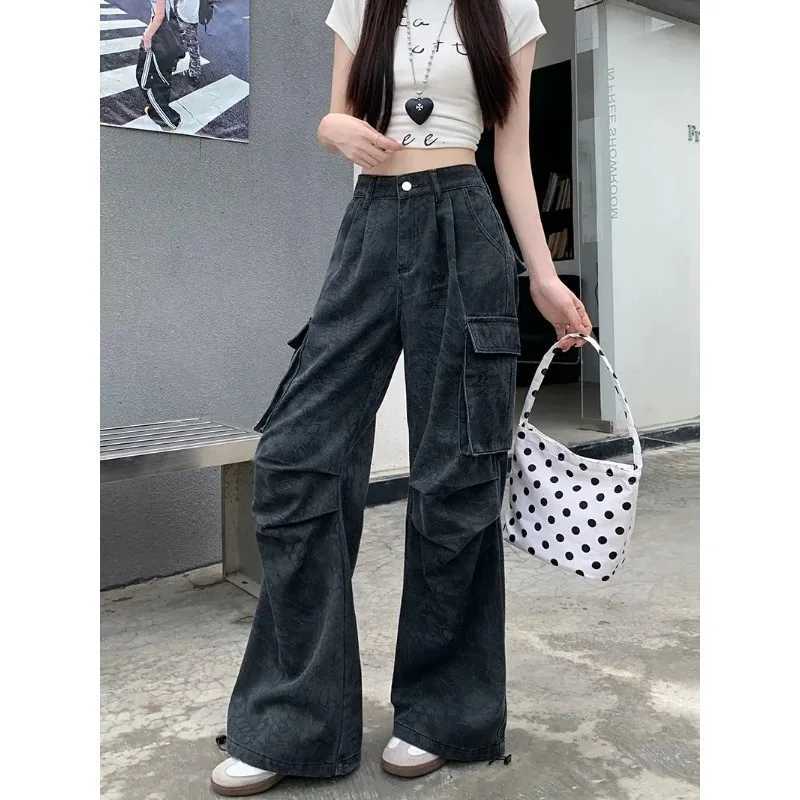 Womens Jeans Cargo Loose Fit Multiple Pockets Autumn Winter Streetwear American Retro Faded Camouflage Print Wide Leg Pants J251031