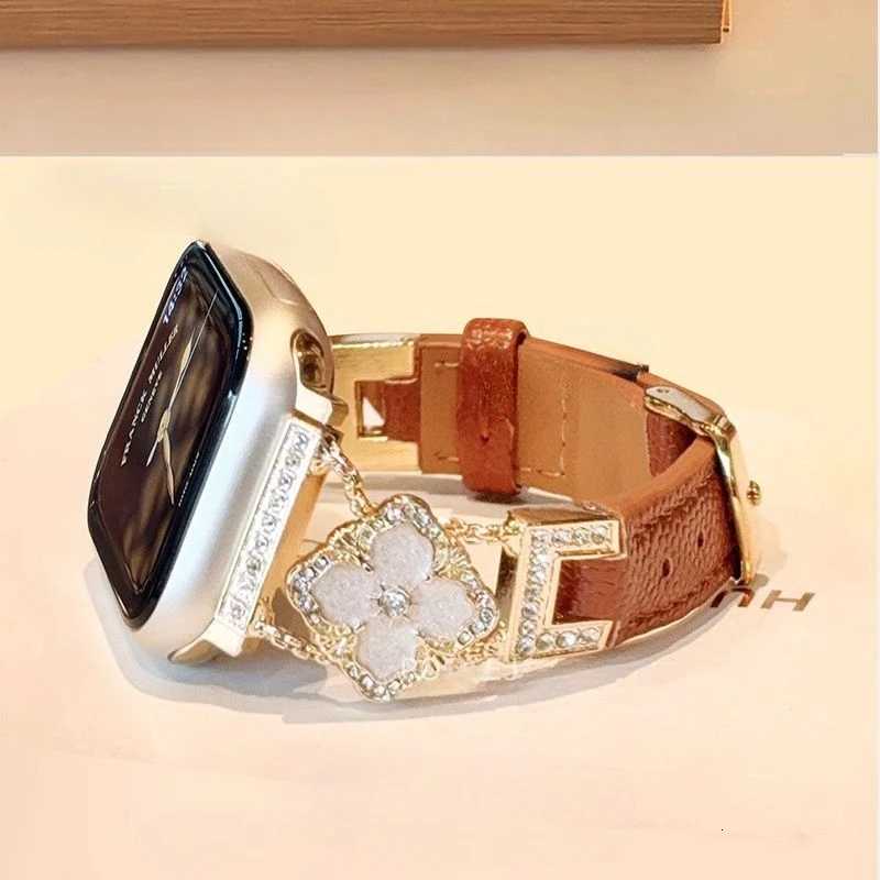 Gold feeling five flower genuine leather cpatible with iWatch strap 38mm 40mm 41mm 42mm 44mm 45mm 49mm handmade strap Y251031