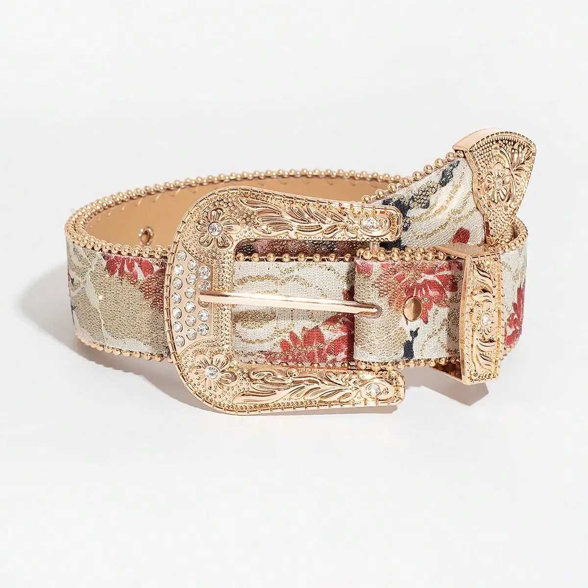 Womens Light Luxury and Elegant Carved Metal Buckle Multicolor Maple Leaf Glitter Print Beaded Edge Belt for JeansW251030