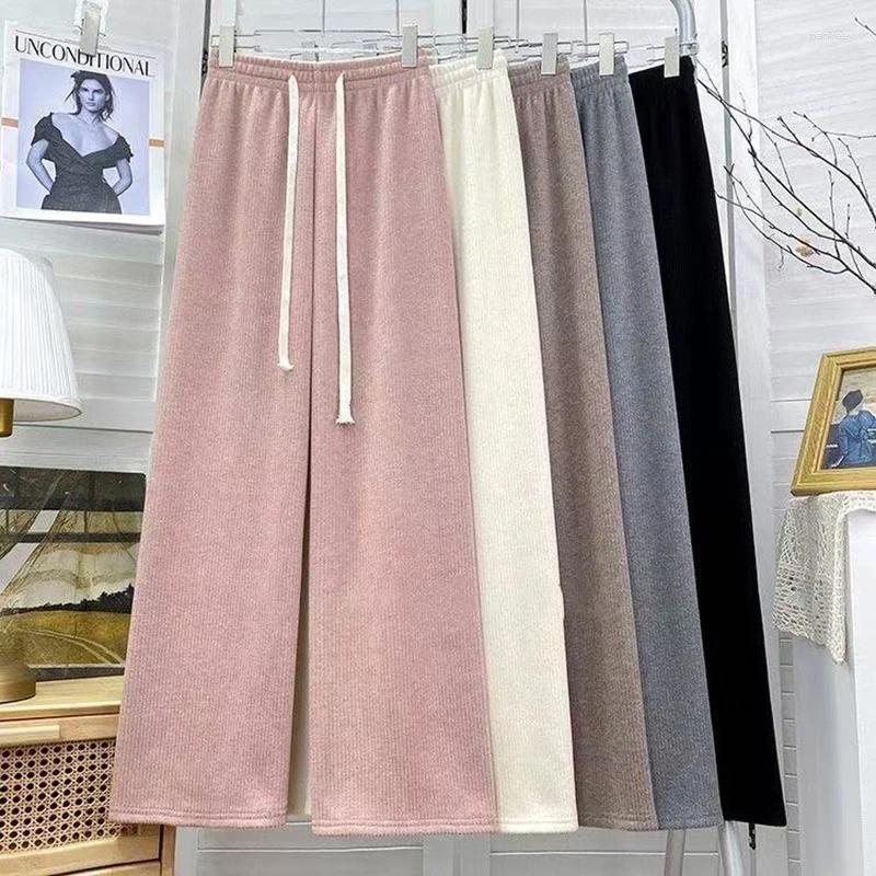 Women's Pants Casual Elastic Waist Fleece Women 2025 Drawstring Lace Up Wide Leg Trousers Woman Pocket Warm Autumn Winter Female Z260314