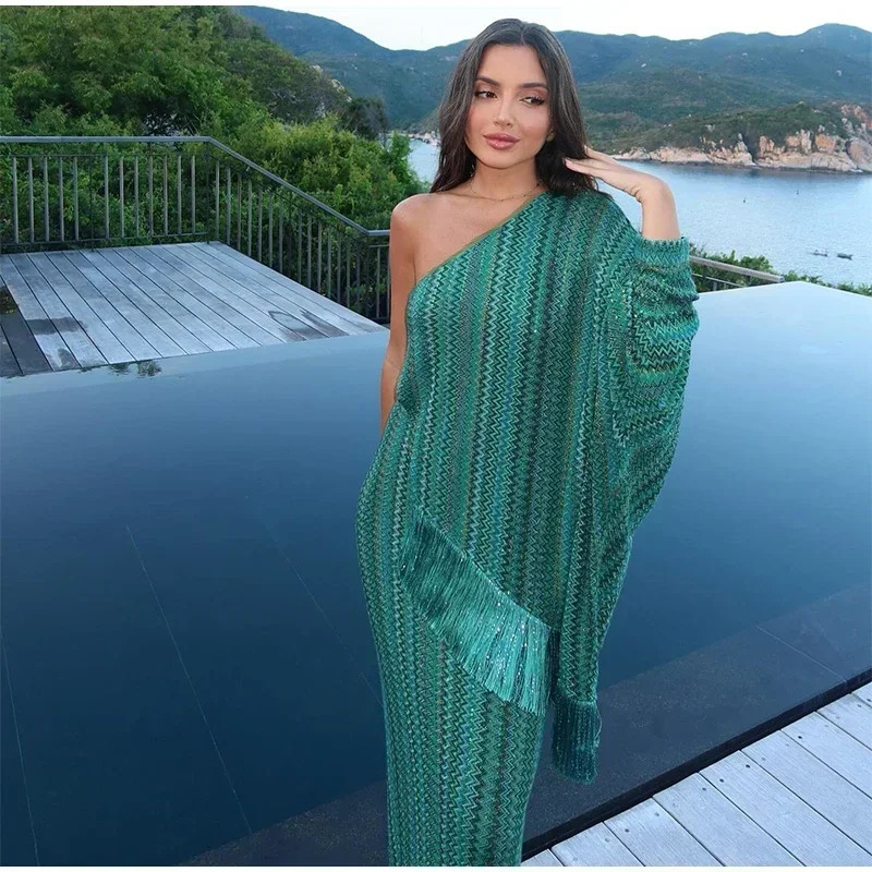 Elegant Tassel Hem Long Dress Women Loose Vneck Full Sleeve Scarf Dresses Autumn Party Evening Luxurious Lady Robe 251030