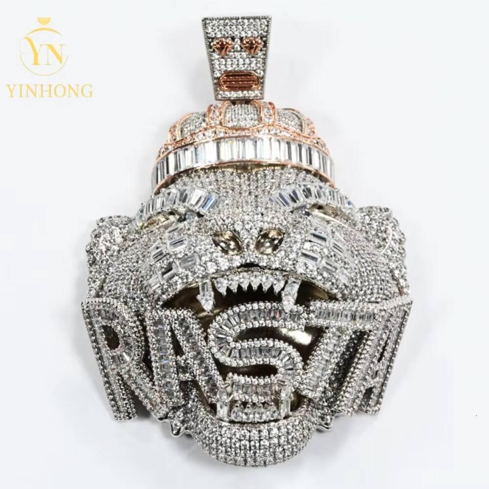 Micro Pave Vvs Moissanite 3D Lion Head Pendant 925 Sterling Silver Vvs Moissanite Diamond Hip Hop Men Necklace