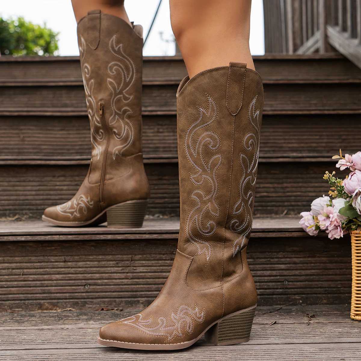Womens Retro Western Embroidered Cowboy Boots Pointed Toe High Block Heel Faux Cover with Fabric Lining TPR Sole Zipper C Z251029