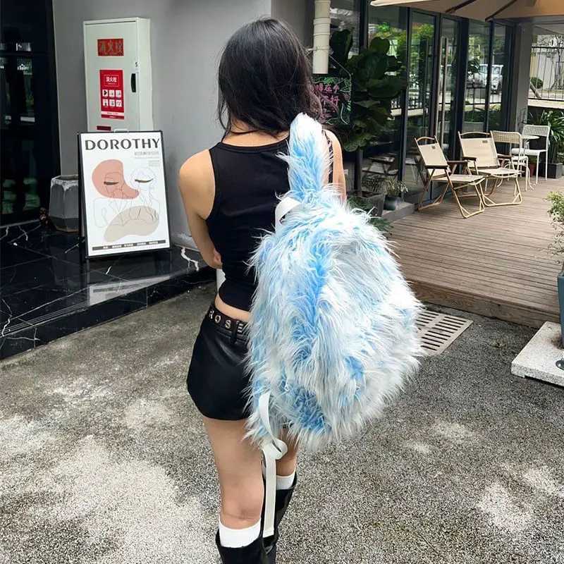 Y2k Fluffy Backpacks Color Contrast Winter Travel Bags Outdoor College Student Fashion School Bag Harajuku Faux Fur Backpack New W251031
