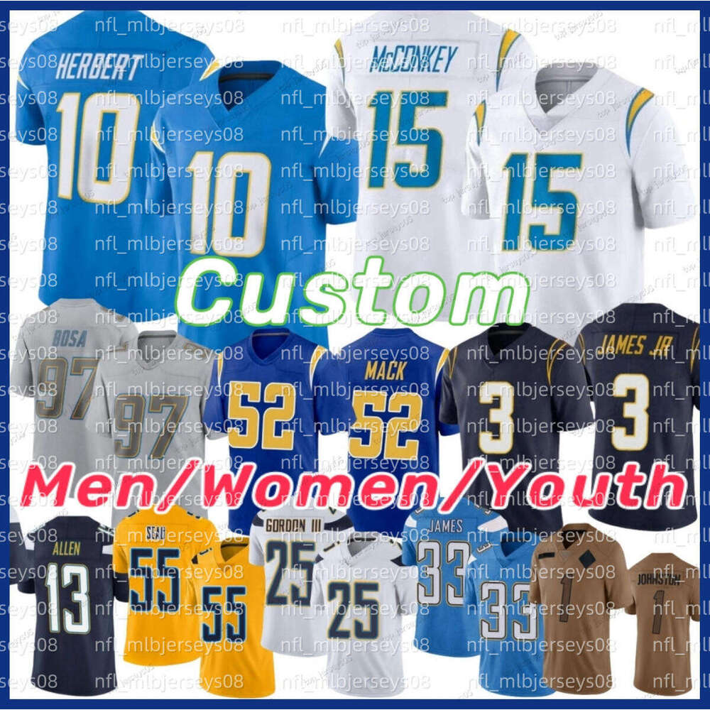 NFL Chargers Jersey LaDainian Tomson Junior Seau Justin Herbert Joey Bosa J.K. Dobbins Gus Edwards Quentin Johnston Derwin James Jr. Ladd McConkey Will Football nnk