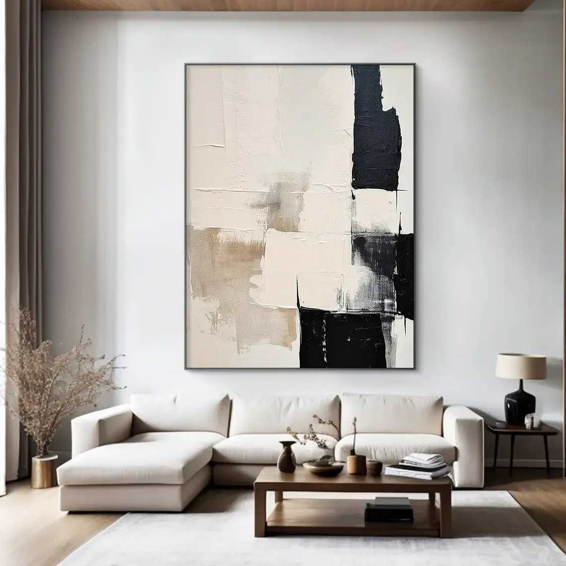 Large Canvas Black Beige Abstract Hand Painted Painting Minimst Textured Wall Art Handmade Canvas Painting Living Room Decor C251031