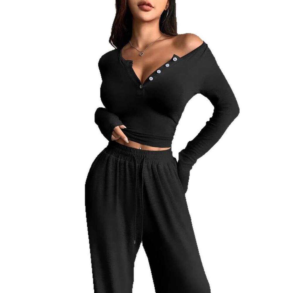 2025 European American Cross-Border Trade Autumn Sleeve Button-Up Solid Color Tight Top And Long Pants Two-Piece Set For Women 729C 79bb - view 6
