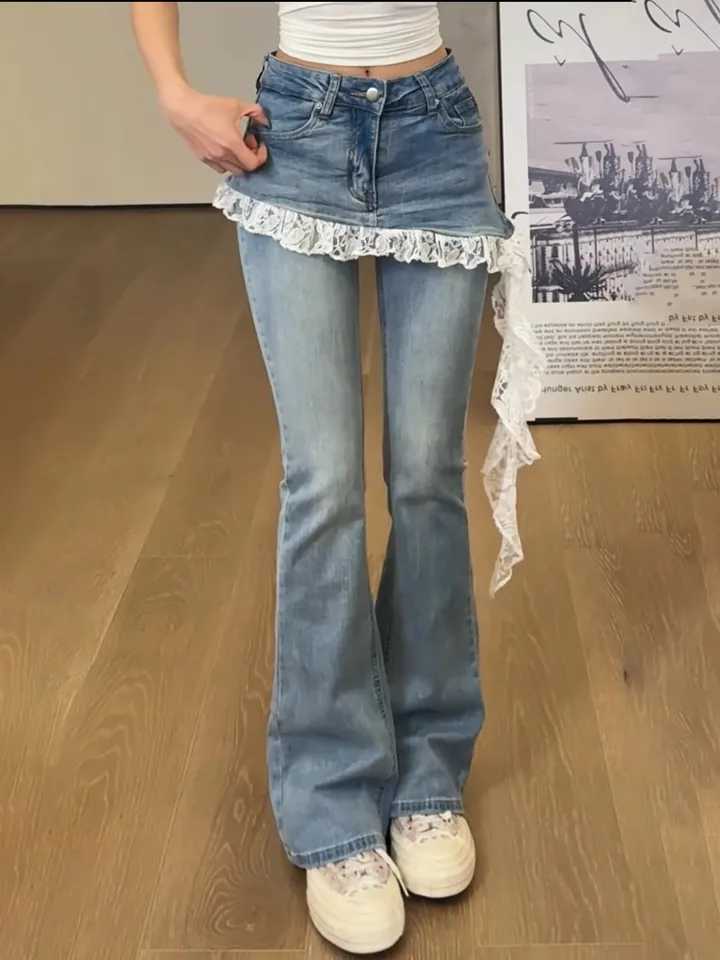 Fake Two Lace Splicing Flared Jeans for Womens Early Autumn 2025 New Style High Waist Denim Pants J251031