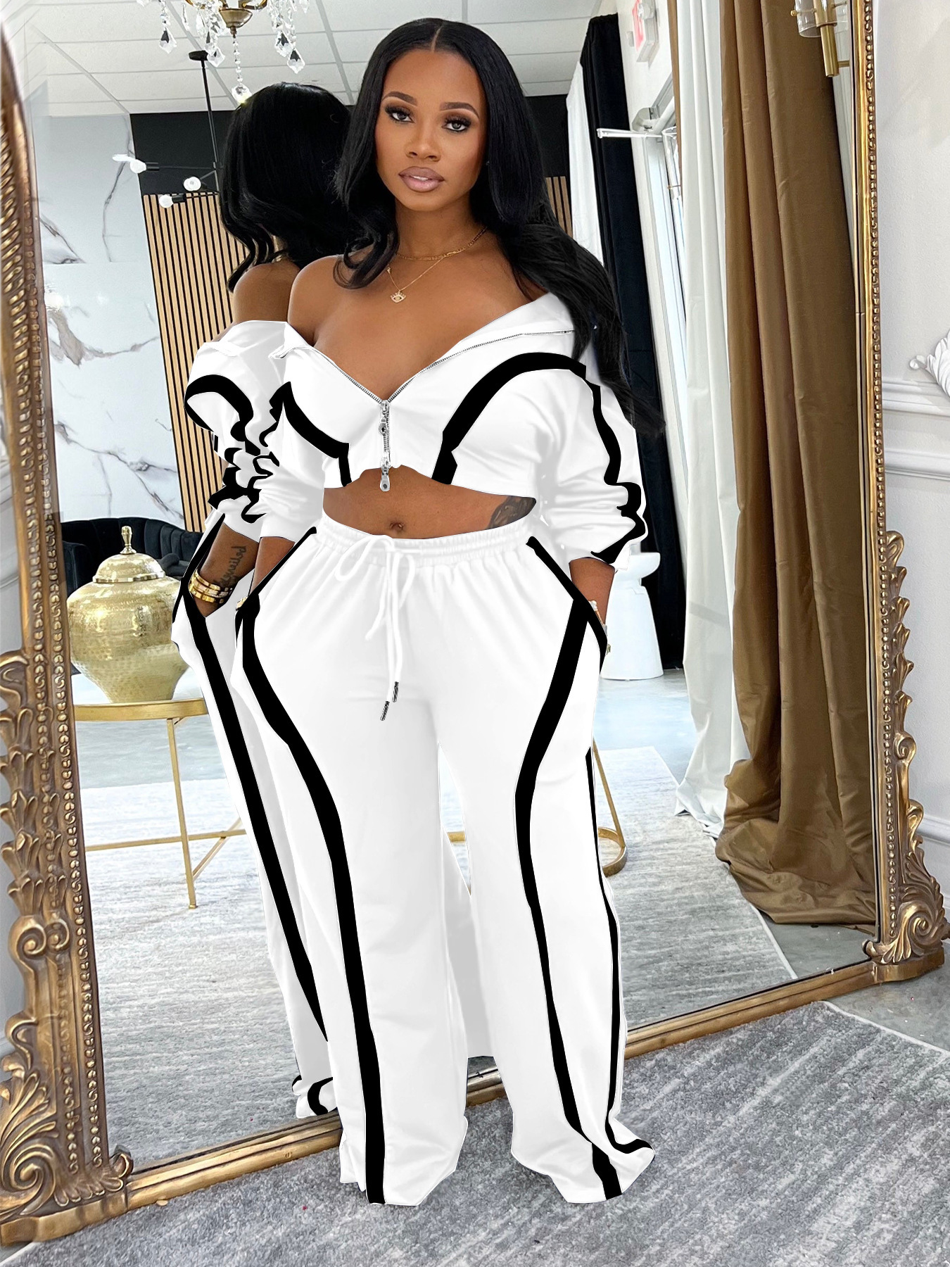 Women autumn winter contrasting long sleeved cardigan sports style two-piece set fashionable loose straight leg pants sports casual two-piece set desi