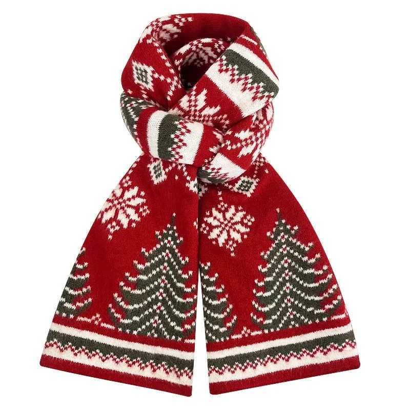 Red Knitted Scarf with Christmas Tree and Reindeer Pattern Warm Unisex Winter Scarf for Festive Atmosphere Holiday GiftingW251030