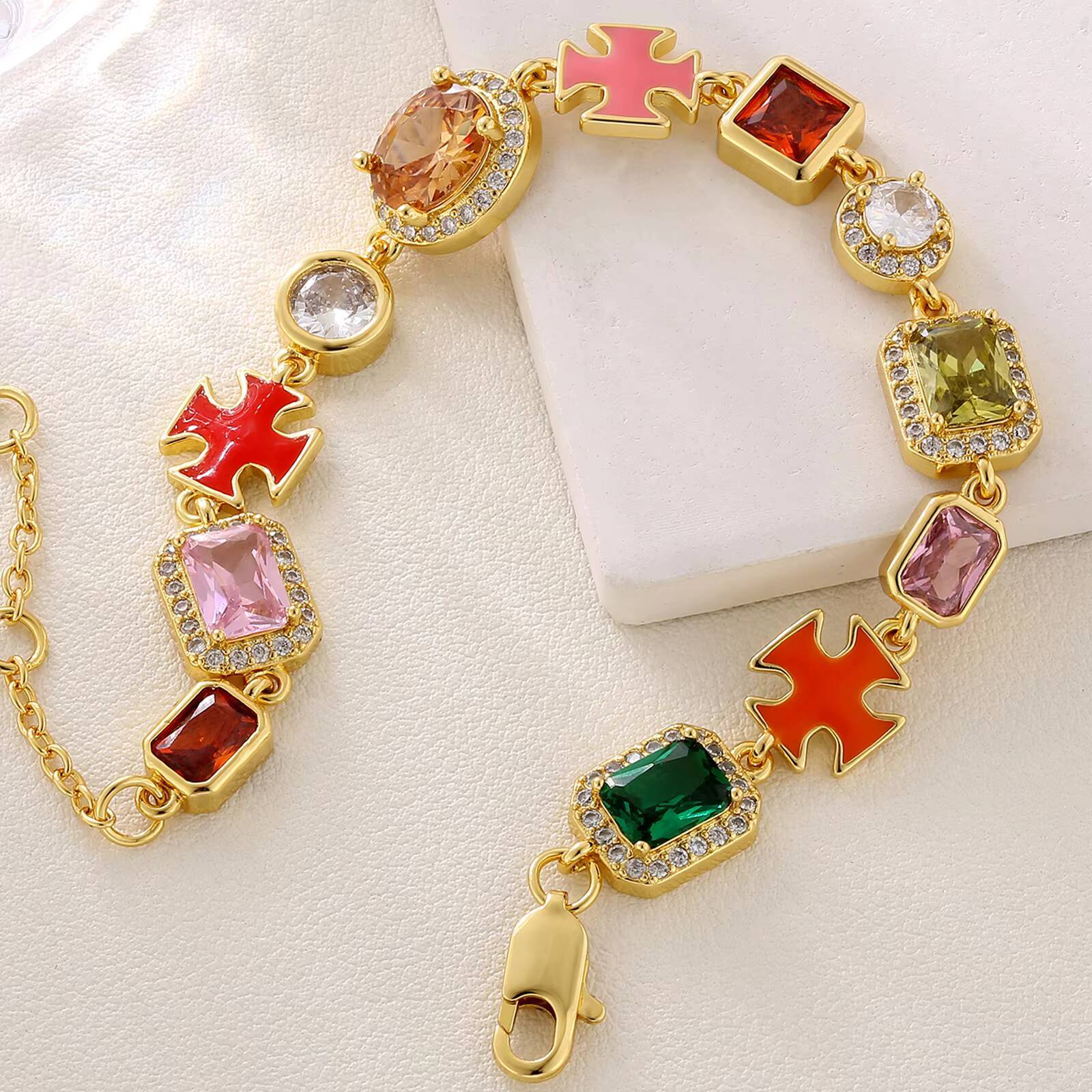 Vintage Mixed Gemstone Cross Tennis Chain 18K Gold Plated Vintage Multi Colored Jewelry 5A CZ Enamel Gem Necklace for Women Men