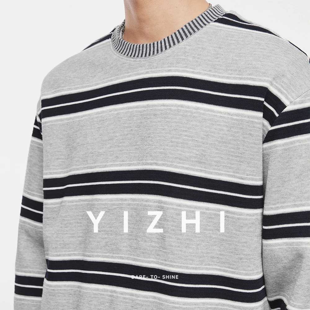 Fashion Mens Heavy Round Neck Striped Long Sleeve Sweatshirt 2025 Autumn and Winter Casual Loose Long Sleeve Top Mens Pullover J251021