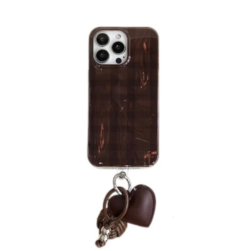Brown Plaid Heart Pendant Phone Case Compatible with iPhone 17/16 Pro Personalized Protective Cover iPhone 15/14