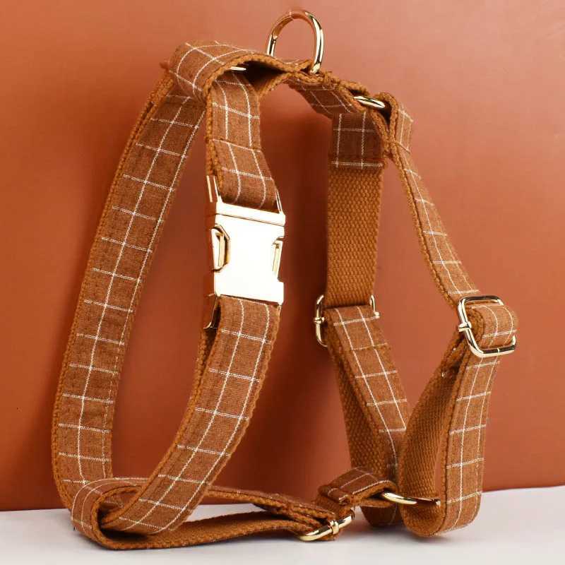 Top Seller Custom Design Brown Grid Soft Cotton Pet Accessories Dog Collar Leashes Harness Bow Set Manufacturers Grid06 C251031