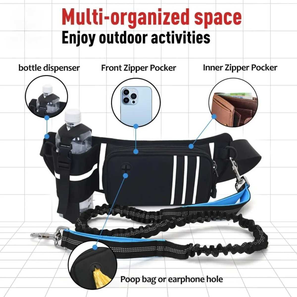 Hands Free Large Dogs Leash with Pouch Retractable Bungee Adjustable Waist Leash for Running Training Dog Exercise Traction Rope C251031