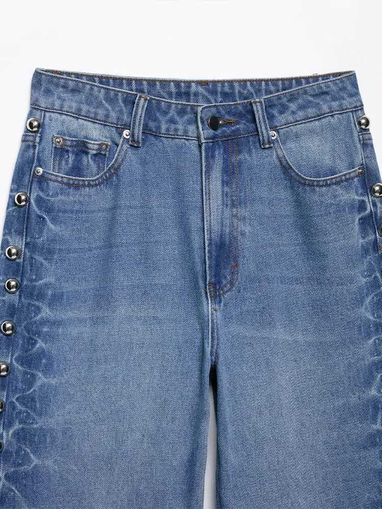 European and American style 2025 summer new womens clothing allmatch straight metal rivet decorated jeans trousers J251031