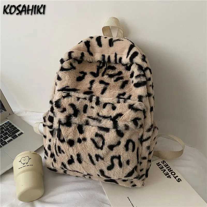 Personality Fashion Leopard Fluffy Rucksack Y2k Preppy Casual Harajuku Backpack Highcapacity Vintage Grunge Students Schoolbags W251031