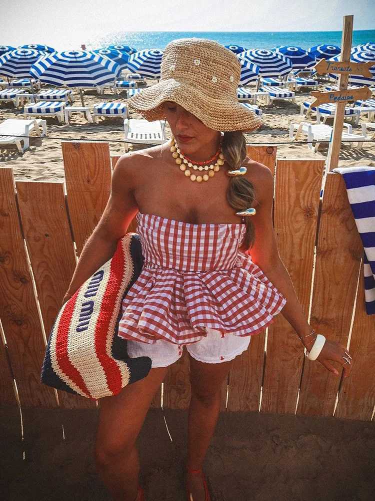 kliou Plaid Printed Women Tanks Hipster Classic Strapless Ruffle Pleated Fit Skinny Tops Female Spring New Strt Chest Vests C251031