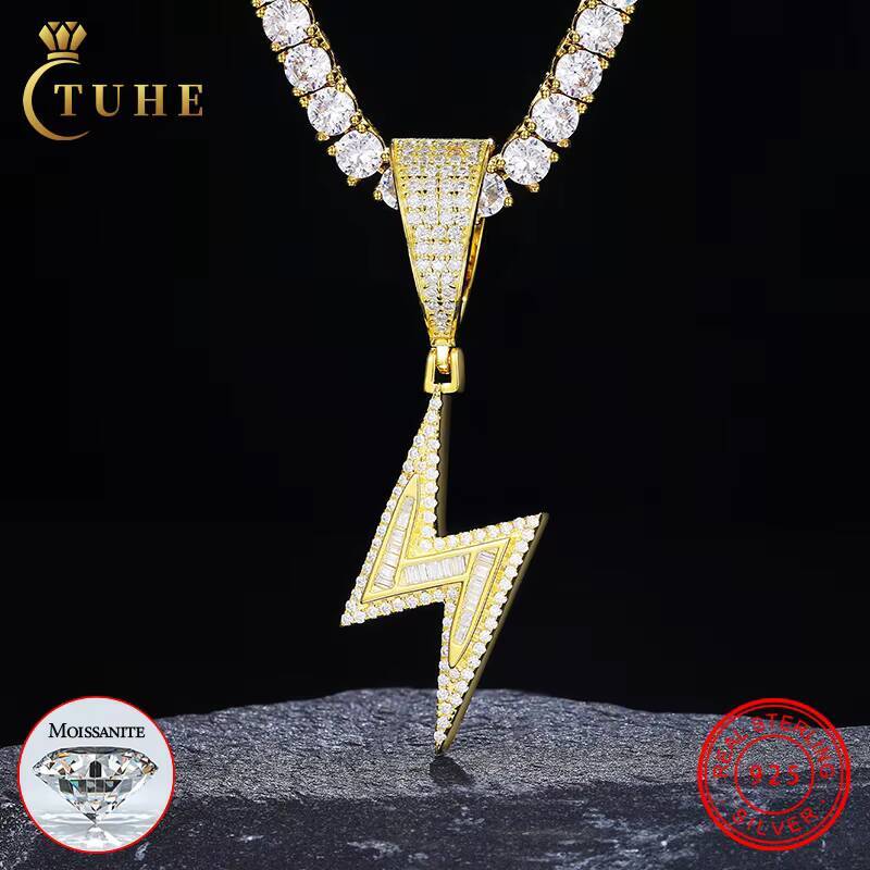 Wholesale Hip Hop Jewelry Gold Plated 925 Sterling Silver VVS Baguette Moissanite Diamond Lightning Pendant for Men