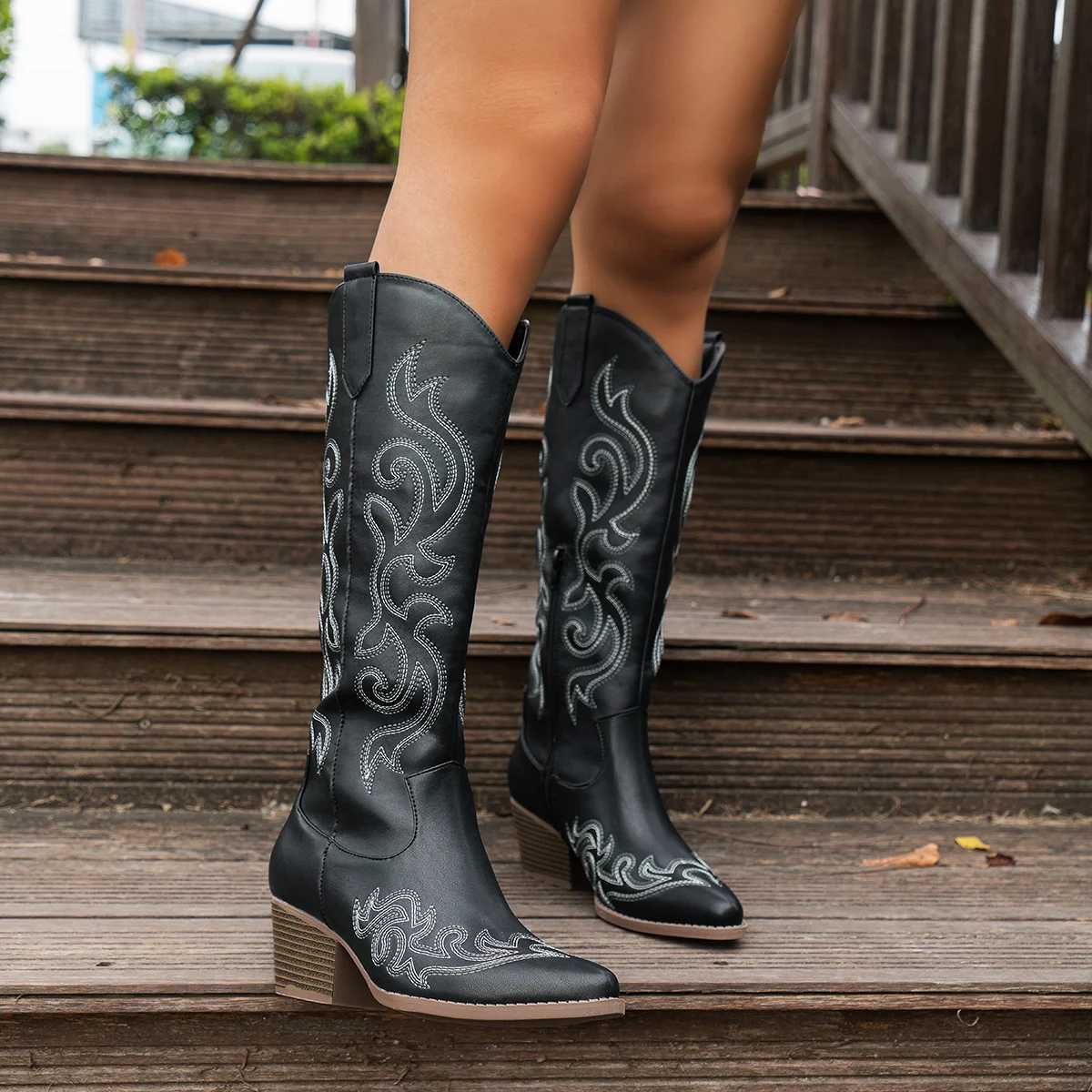 Womens Retro Western Embroidered Cowboy Boots Pointed Toe High Block Heel Faux Cover with Fabric Lining TPR Sole Zipper C Z251029