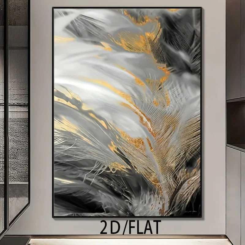 2D Flat Modern Abstract Wall Art Black Golden Feather Design Frameless Canvas Print for Living Room Bedroom Office Decor C251031