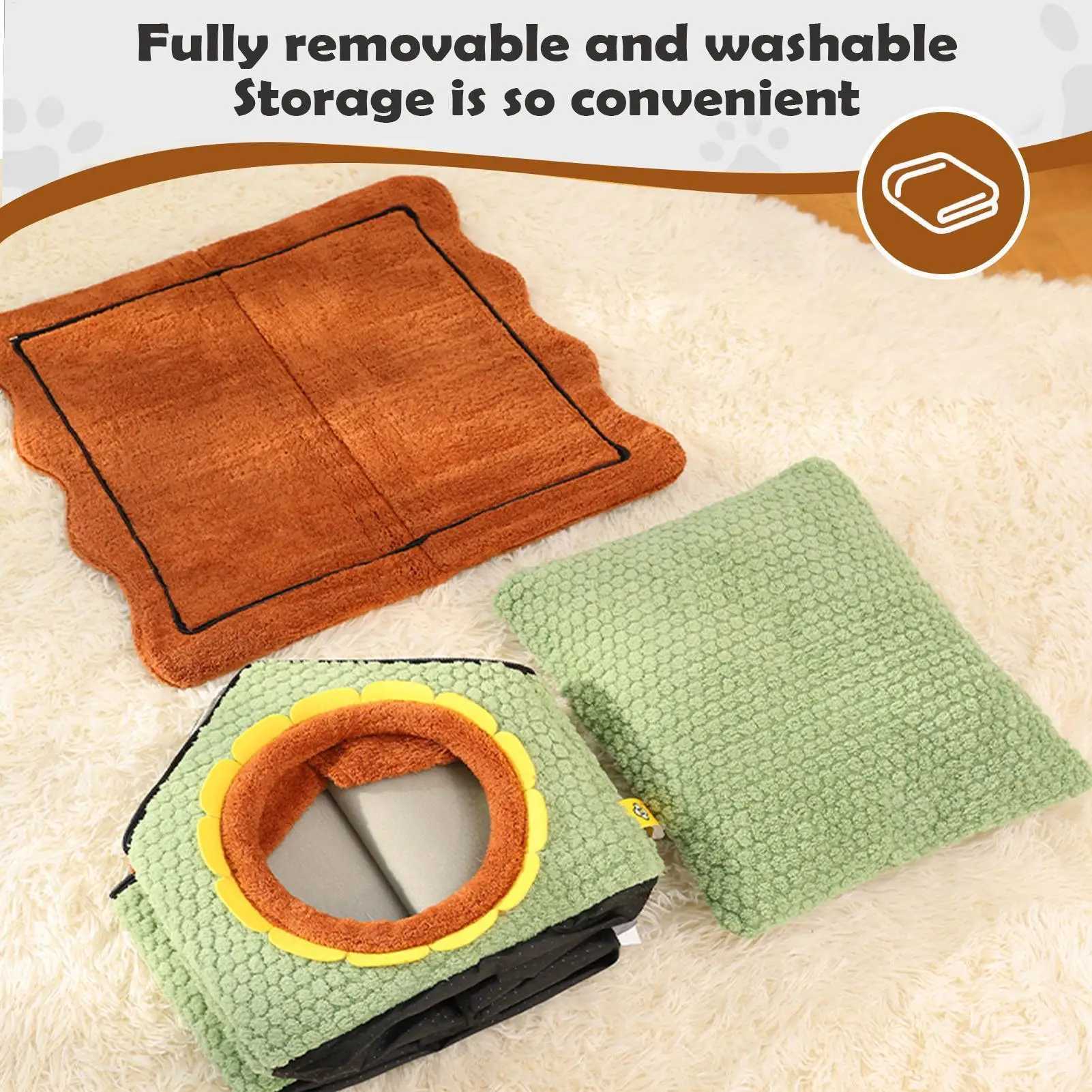 winter Sunflower warm cat bed Washable puppy bed enclosed cat house cave foldable detachable cats sleeping bed with door curtain J2511281