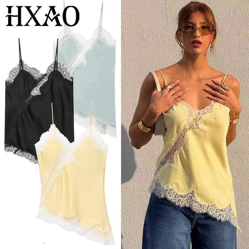 HXAO 2025 Woman Asymmetrical Slip Top Women Sexy Black Yellow Blue Top Lace Tanks Camis Chic Y2K Slveless Backless Camisole C251031