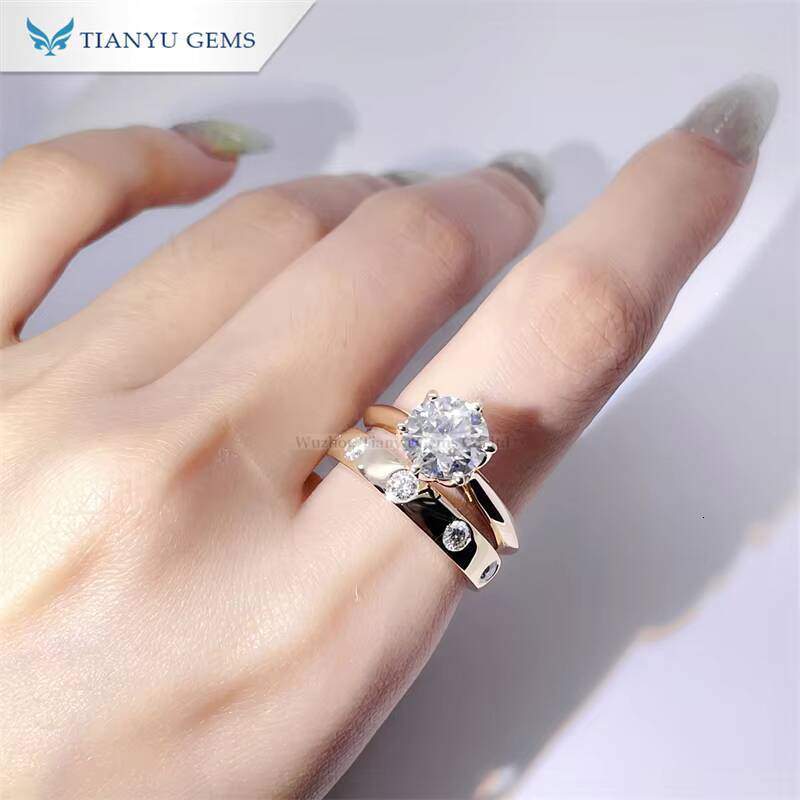 Tianyu 2CT D VVS Round Moissanite Diamond Engagement Ring Set Custom Real Yellow Gold 14K 18K Wedding Band Rings