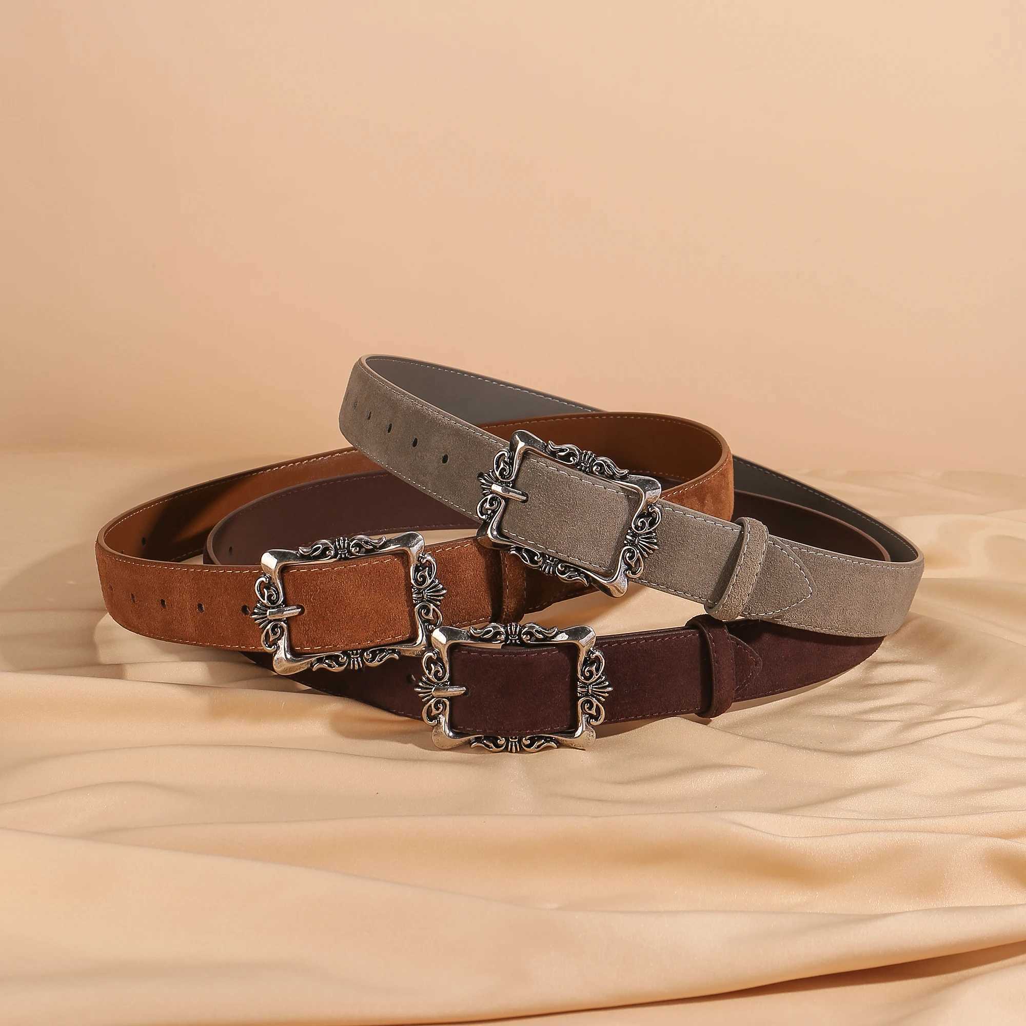 Suede Leather Belt for Women Burgundy Leather With Sliver Alloy Buckle Luxury Casual Fashion Belts for Jeans Dresses and CoatsW251030