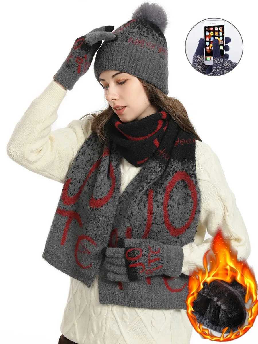 3pcs Winter Knitted Scarf Gloves for Women Fleece Lined Hat Set Comfortable Soft Casual Warm Red Glove Set Outdoor Windproof Set C251031