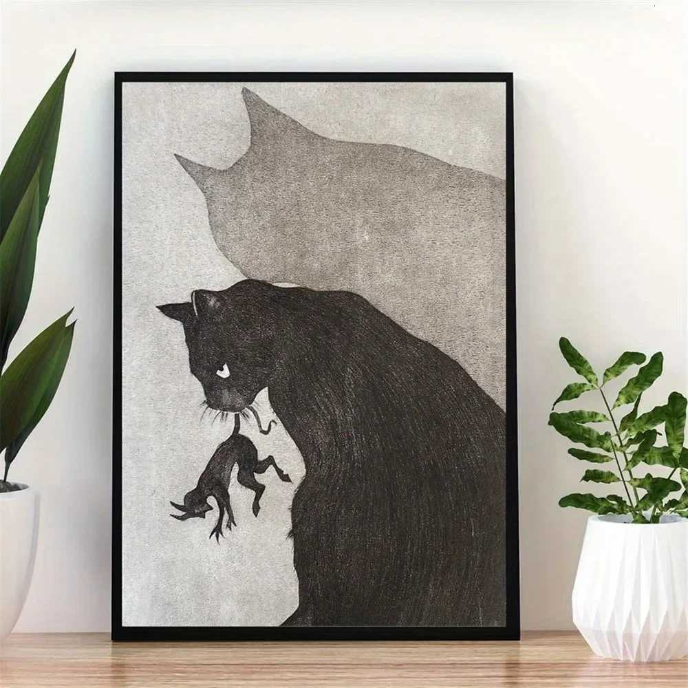 Black Cat Hunter Canvas Painting Prints Modern Animal Sketch Posters Wall Art for Living Room Bedroom Home Office Decor Unframed C251031