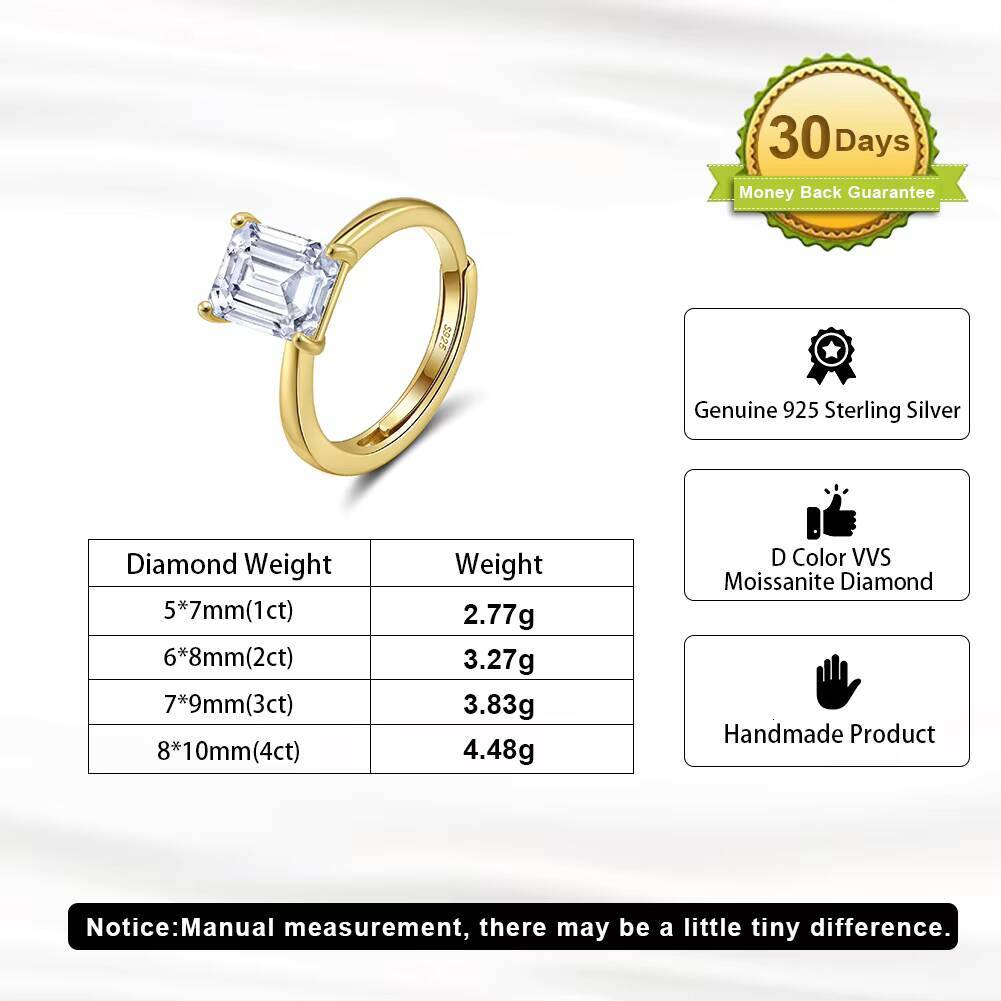 RINNTIN SMOR07 Solitaire D Color VVS Moissnaite Engagement Wedding Adjustable Ring with Certificate 925 Sterling Silver Ring