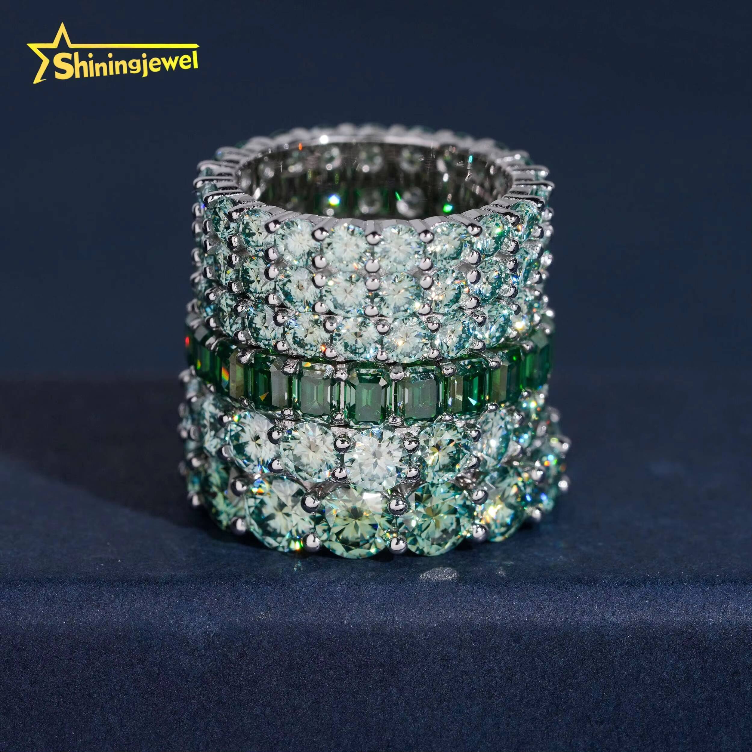 Multiple Options Blue Green Moissanite Eternity Ring Band Ring Emerald Cut Ring Moissanite 925 Unisex Hip Hop Fine Jewelry