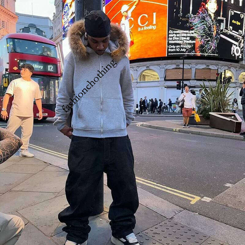 Casual Y2K Zip up hoodie Faur collar Haruku Streetwear Hiphop Zipper Hoodie sweatshirt Vintage Rock Goth Loose Punk EMO Jacket