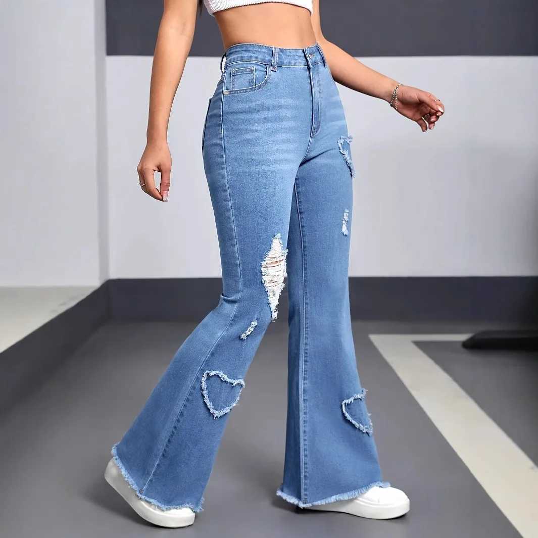 Denim Flared Pants Women Hole Jeans Boot Cut Distressed 2025 Streetwear High Waist Stretch Washed Vintage Full Length Trousers J251031